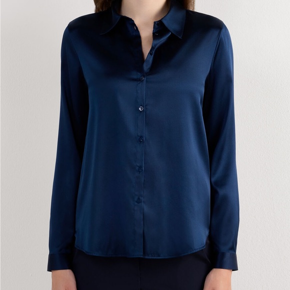 Intimissimi Silk Long Sleeve Button Up Blouse in Navy Blue / Blu Intenso - Picture 2 of 7